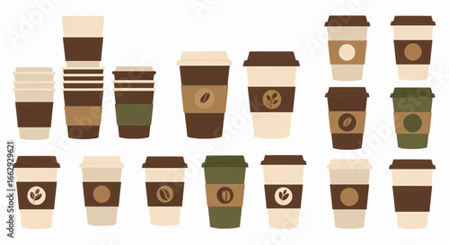 An extensive array of various disposable takeaway coffee cups presented in diverse styles