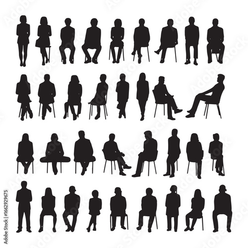 A large collection of black silhouettes of diverse people sitting on chairs in various poses for architectural renderings, vector illustration