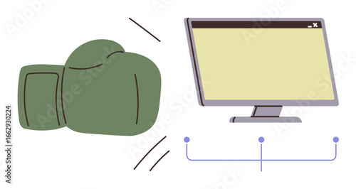 Green boxing glove colliding with a computer monitor, representing struggle, confrontation, or disruption in technical or digital contexts. Ideal for technology conflict, cybersecurity, digital