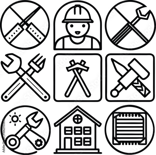 Construction and repair icons tools worker house and building elements for renovation and maintenance services