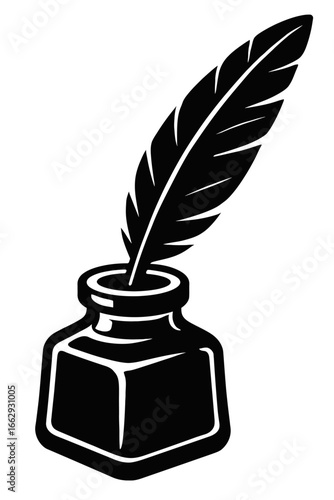 Retro Quill Pen and Inkwell - Classic Black and White Writing and Calligraphy Symbol