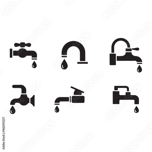 A set of six different black water tap and faucet icons with dripping water, for plumbing and bathroom designs, vector illustration