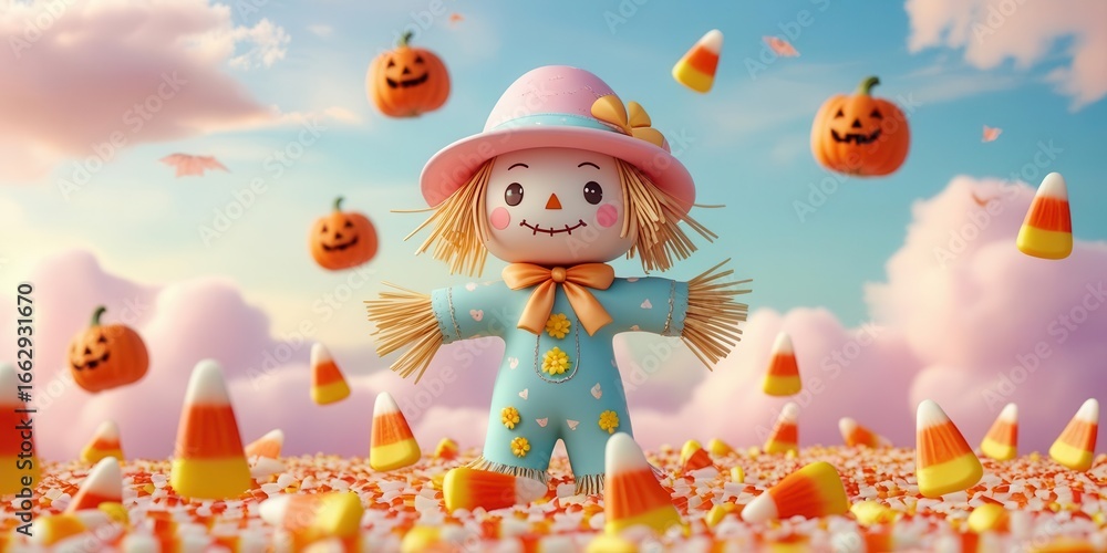 Fototapeta premium Harvest festival celebration whimsical scarecrow surrounded by candy corn and pumpkins autumn landscape cheerful atmosphere