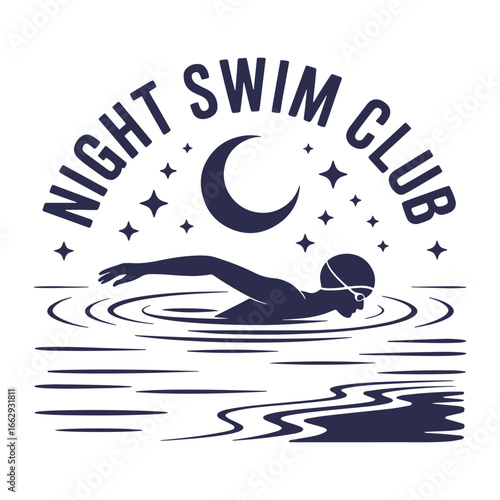 A vintage-style 'Night Swim Club' emblem with a person swimming under a crescent moon and stars, vector illustration
