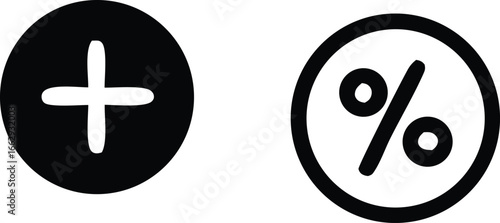 Simple clean icons featuring a plus sign in a circle and a percentage symbol in a circle representing math and finance concepts