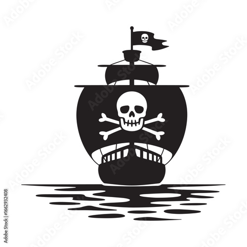 Black silhouette of a pirate ship with a skull and crossbones flag sailing on the water, front view, vector illustration