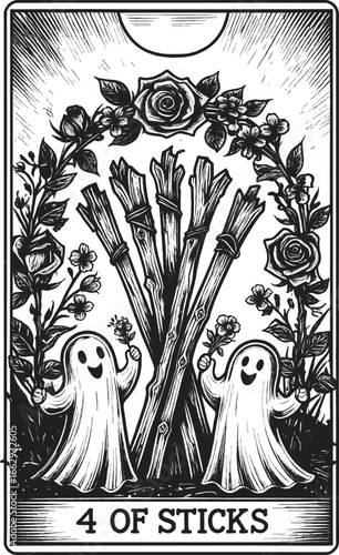 Two Funny Ghosts Under Floral Arch on 4 of Sticks Tarot Card Representing Harmony