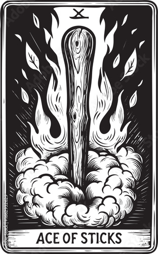 Fiery Wand Rising on Ace of Sticks Tarot Card Surrounded by Smoke and Flame