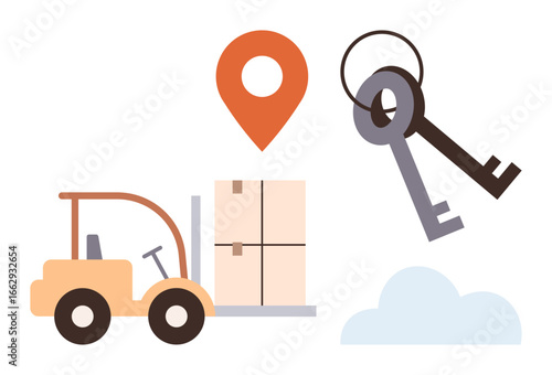 Forklift lifting cargo pallet, orange location pin, two keys, and cloud. Ideal for delivery, logistics, business security, transportation, warehouse management location accuracy simple flat