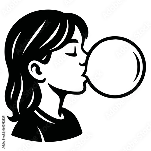 Vector illustration of a girl blowing a big bubble of chewing gum. Hand-drawn graphic in a simple, bold style, perfect for childhood, food, and fun designs.