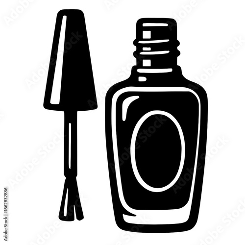 Hand-drawn vector illustration of a nail polish bottle with the applicator brush. Simple, doodle style graphic perfect for beauty, cosmetics, manicure, and salon designs.
