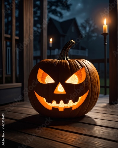 Scary jack o lantern pumpkin glowing with candle on porch at night.