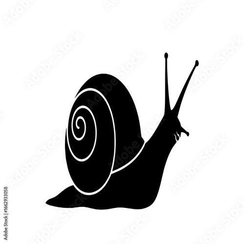 A simple black silhouette of a snail with a spiral shell and long tentacles, isolated on a white background.