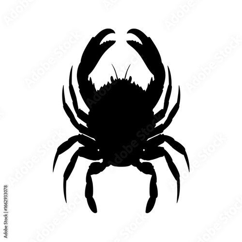 A striking black silhouette of a crab with its claws raised in a defensive or aggressive posture.