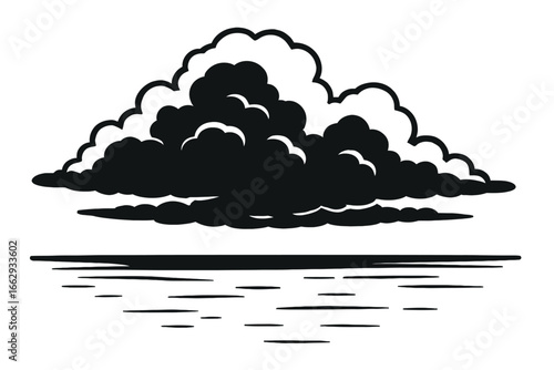 A black and white vector illustration of a dramatic storm cloud hovering over a body of water. This graphic is perfect for themes of weather, climate, and mood.