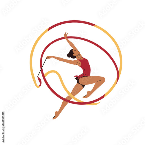 A graceful female gymnast performs a dynamic mid-air ribbon dance with flowing ribbons in a minimalist 2D flat vector illustration, isolated on a pristine white background.