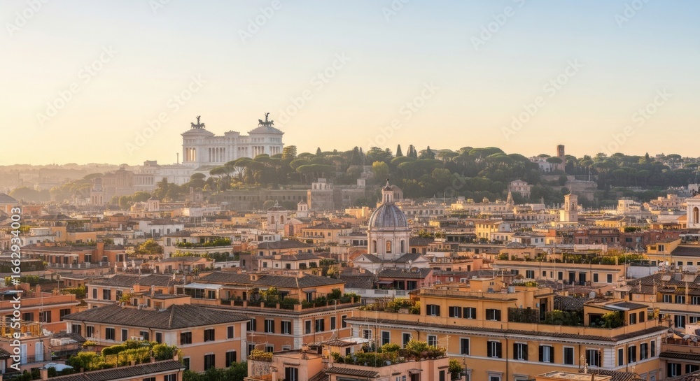Fototapeta premium Panoramic View of a Historic Cityscape at Sunrise with Warm Light