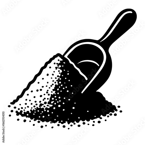 A black and white vector illustration of a scoop resting in a pile of granular material, such as sugar, sand, or salt. This graphic is versatile for various themes, including cooking, construction, or