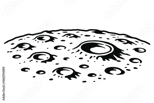 A black and white vector illustration of the lunar surface, detailed with various craters and a rough, textured ground. This graphic is perfect for space, astronomy, and science-related themes.