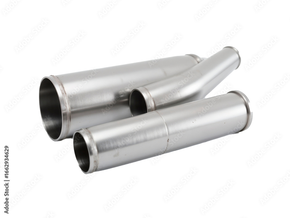 Fototapeta premium Metal pipes arranged on a white background showcasing various shapes and sizes for industrial applications