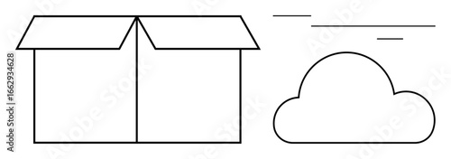 Open box paired with cloud outline evoking storage, organization, innovation, technology, unlimited potential. Ideal for ideas, creativity, logistics data imagination minimalism communication. A