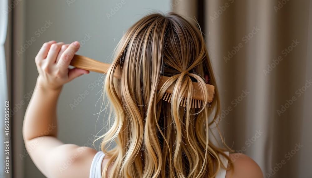 Obraz premium Daily combing of wavy blonde hair at the back, gently combed with a wide-toothed wooden comb.