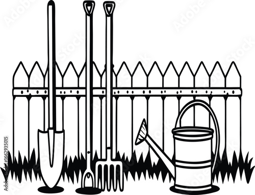 Retro Styled Outdoor Gardening Graphic in Monochrome