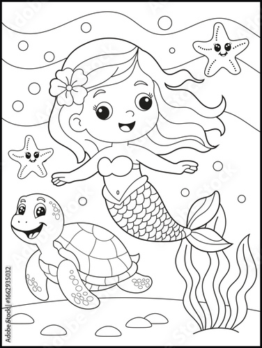 Happy Smiling Mermaid Surrounded by Fish and Bubbles, and a turtle. Black and White Coloring Sheet for kids and adults.