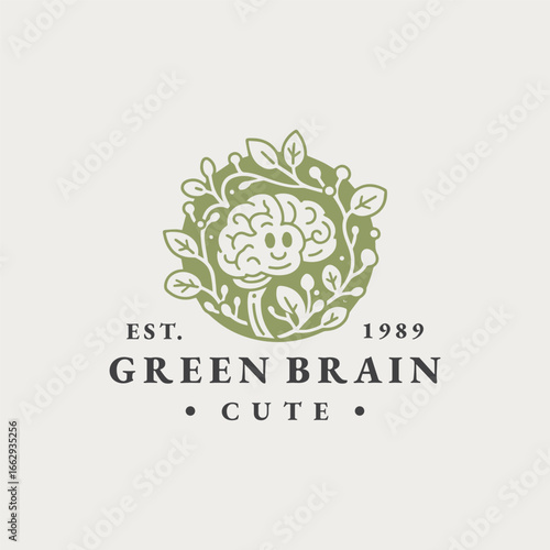Vintage green brain logo blending mind, nature, and harmony.