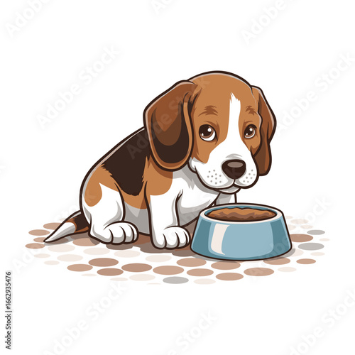A sweet and sad-looking cartoon beagle puppy sitting patiently next to its blue food or water bowl, vector illustration
