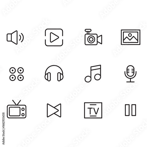 A clean set of modern thin line media player icons for web and mobile application user interface design, vector illustration