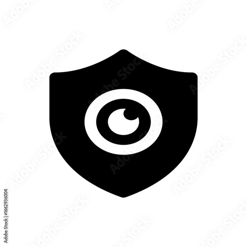 Black shield with a white eye in the center representing security and surveillance in a simple design