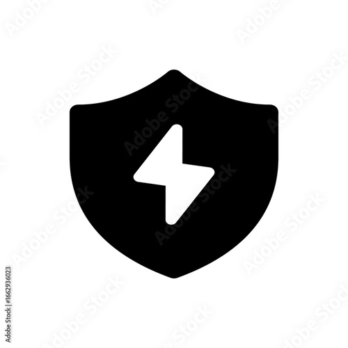 Black shield with a white lightning bolt symbol in the center representing power and protection icon design