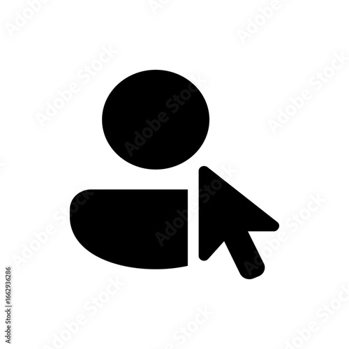 Black silhouette of a user avatar with a circular head and a cursor pointing at the profile icon, 100 chars