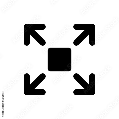 Illustration of a black square surrounded by four arrows pointing outwards from the center of the square shape