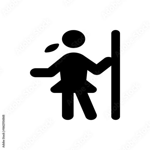 Silhouette of a woman with ponytail holding onto a vertical pole in a simple black and white illustration