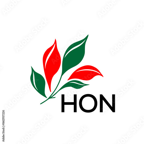 Modern Nature Inspired Logo with Red and Green Leaves, HON Later Logo, 
