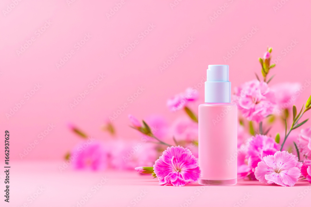 A simple and elegant minimalist skincare serum bottle next to delicate pink flowers highlighting beauty nature and organic cosmetic products A simple and elegant minimalist skincare serum bottle next to delicate pink flowers highlighting beauty nature and organic cosmetic products