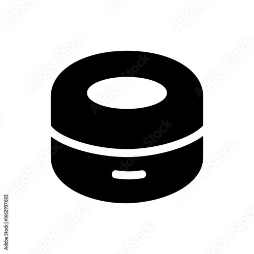 Illustration of a black cylindrical object with a hole in the center and a white stripe around it