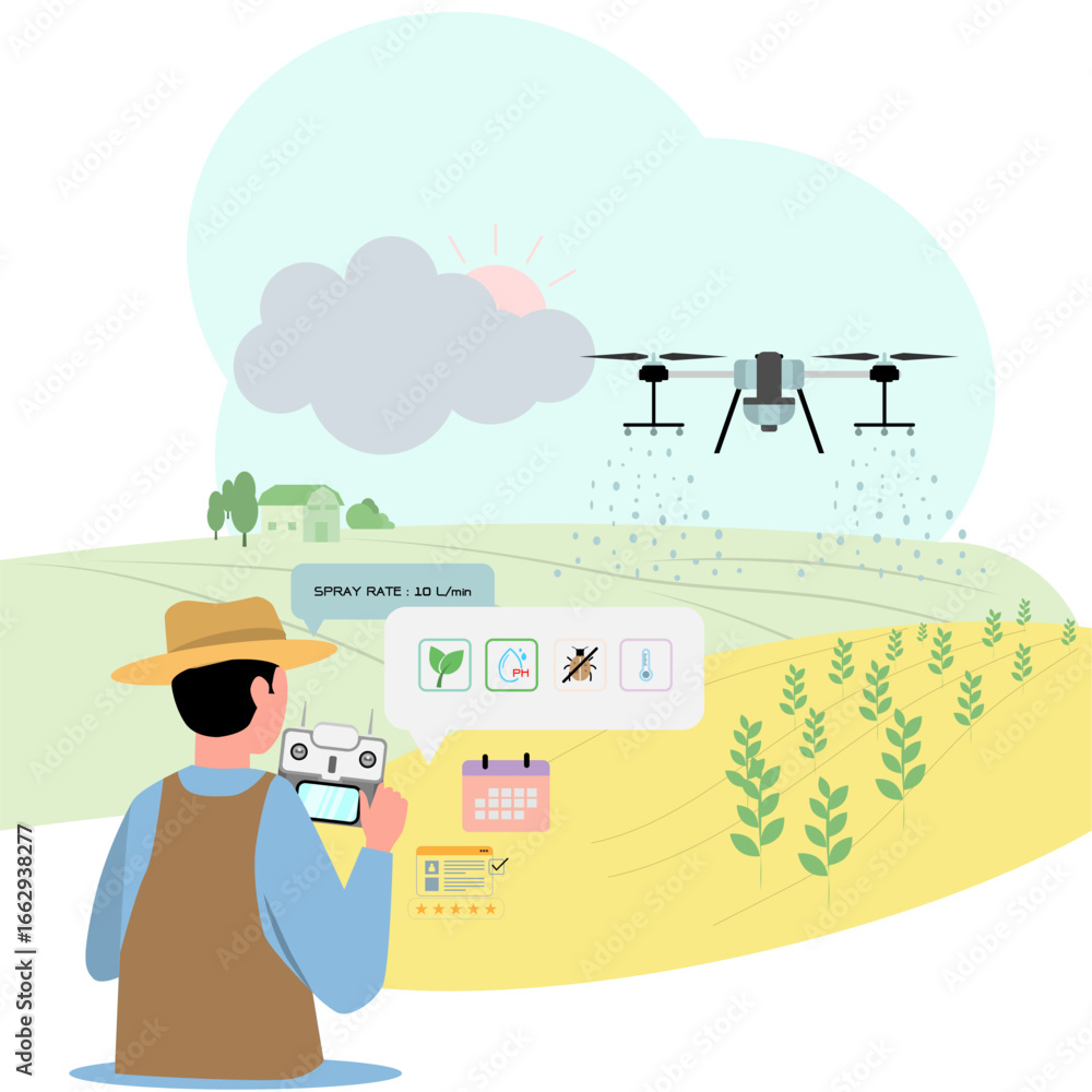 custom made wallpaper toronto digitalFlat vector of a drone flying over a green field with framer, spraying fertilizer or pesticides, with floating UI elements showing spray rate and crop health icons., White background.