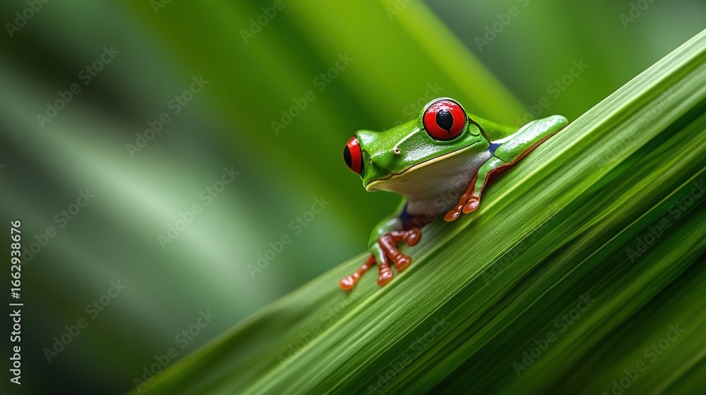 Naklejka premium Colorful Tree Frog on Green Leaf, Ecological Photography, Rainforest Creature, Nature Popularization Material
