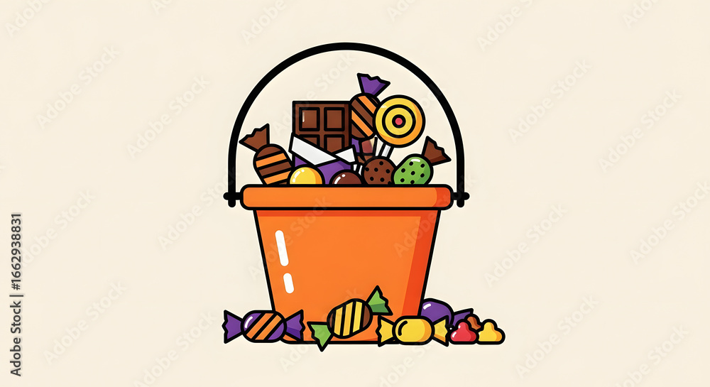 Obraz premium A festive orange bucket brimming with a spooky collection of Halloween candies and treats