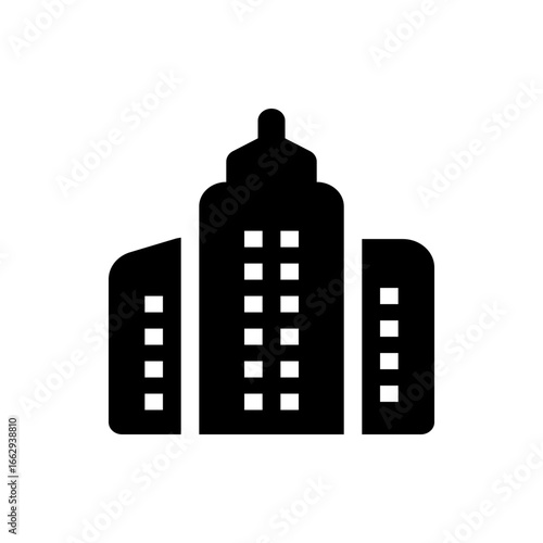 Silhouette of a tall building with multiple windows and a distinctive top design in solid black color scheme