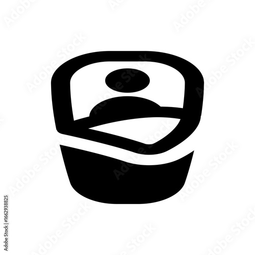Stylized depiction of a baby swaddled in a blanket with a round head and simple facial features shown