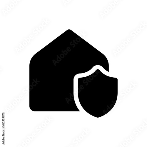 Black silhouette of a house shape with a shield in front representing home security and protection concept