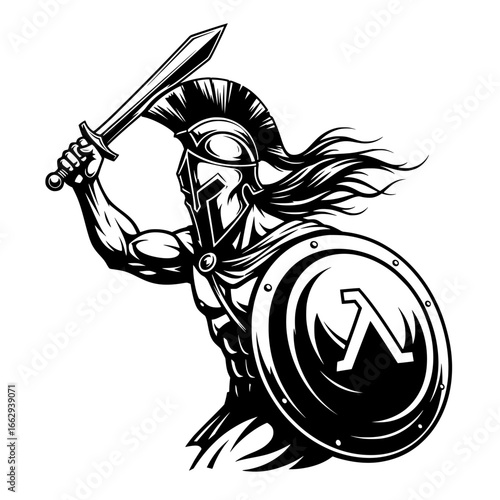 Fierce spartan warrior holding sword and shield ready for battle isolated on white background