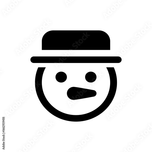 Illustration of a snowman face with a hat, two eyes, and a carrot nose in black and white simple design