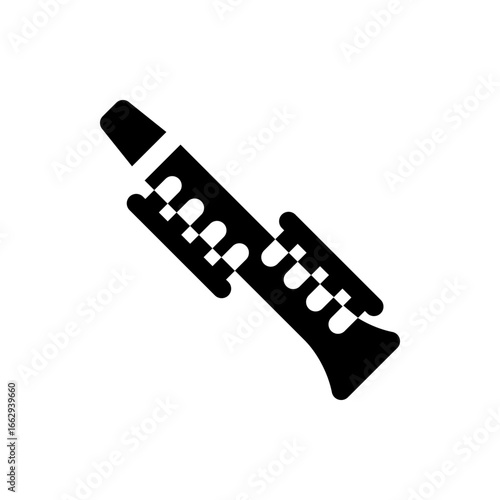 Illustration of a black clarinet with keys and mouthpiece displayed diagonally on a white background artfully