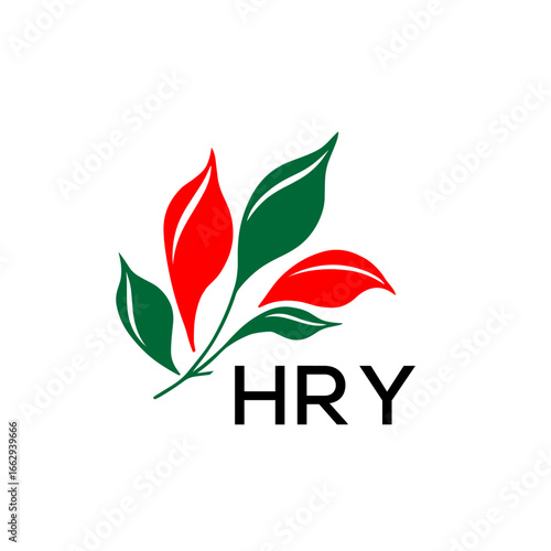 Modern Nature Inspired Logo with Red and Green Leaves, HRY Later Logo, Abstract Botanical Logo with Elegant Typography , 
