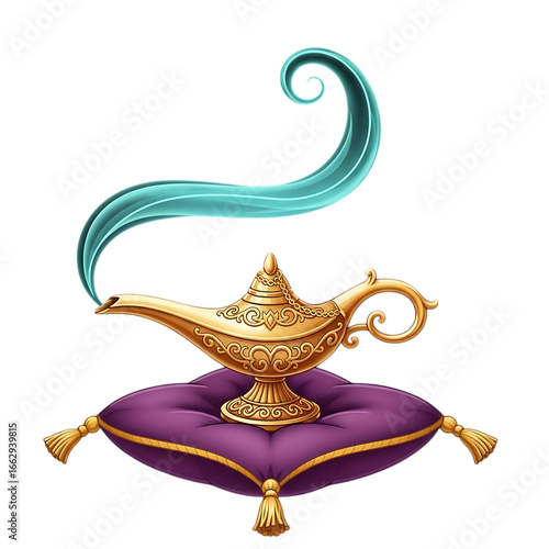Golden genie lamp with magical smoke isolated on transparent background